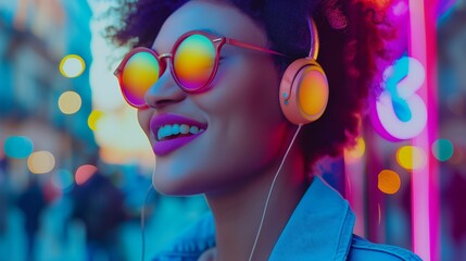 Wall Mural - Woman with headphones enjoying music in neon lights