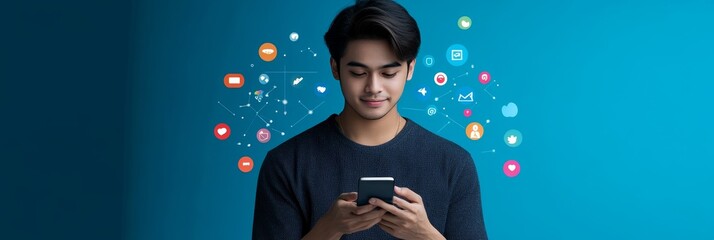 Youth with smartphone and social media icons on blue background, symbolizing digital connectivity