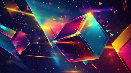 Poster - Abstract vector design featuring a cube, rectangular cuboid, and pyramid prism in neon holographic colors, suitable for science or technology-themed covers.