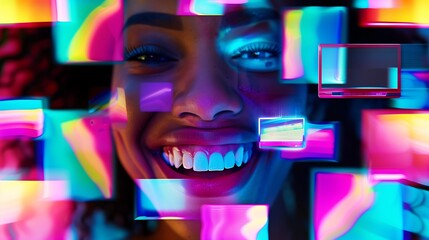 Wall Mural - Smiling woman with colorful digital glitch effect