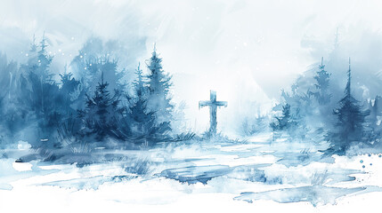 Wall Mural - Winter landscape with wooden cross faith religion christianity watercolor illustration painting art background frost cold snow white blue christmas season December january february nature scene