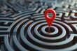 © neirfy - red location pin in the center of a complex three-dimensional maze or labyrinth, representing the challenge of finding one's goal in life and business..