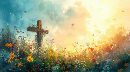 Wall Mural - Wooden cross in a flower field faith hope love jesus christ christian religion easter sunday butterflies flying beautiful sky clouds sunshine light idyllic peaceful nature spring summer background