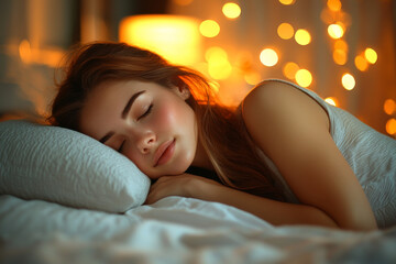 A Beautiful Woman Sleeping on a Cloud Above a Tranquil Landscape at Sunset.