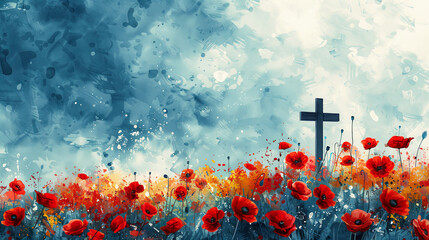 Wall Mural - Remembrance Day background red poppy flowers cross faith hope peace veteran military war memorial honor