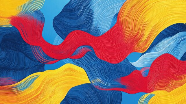 Bold blue backdrop featuring dynamic red and yellow wave motifs, perfect for creating vibrant and contemporary designs.