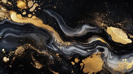 Aufkleber - Captivating abstract marble background with a mix of black and gold fluid art, showcasing beautiful swirling patterns.