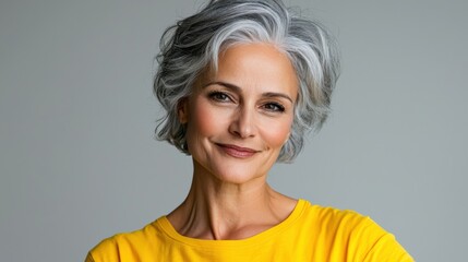 Close up of mature woman with white skin, grey short hair, wavy hair and a clear yellow t shirt, isolated in a light grey studio. Portrait person.