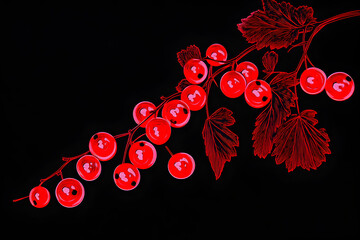 Neon silhouette of red currants with a pop art flair isolated on black background.