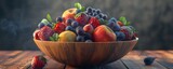 Wooden bowl filled with fresh fruit, 4K hyperrealistic photo
