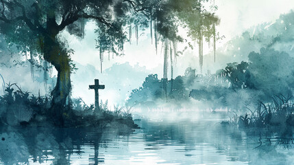 Wall Mural - Dark and moody scene with a cross silhouetted against a misty swamp lake creepy branches reach down from the old willow tree reflecting in the water watercolor illustration death concept art eerie