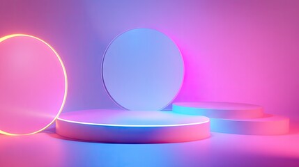 Poster - Elegant 3D render featuring shiny, luminous shapes on a neon gradient stage, showcasing a sophisticated and modern design approach. -