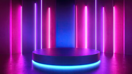 Poster - Elegant 3D render featuring shiny, luminous shapes on a neon gradient stage, showcasing a sophisticated and modern design approach. -