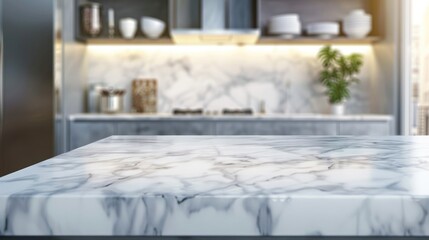 Wall Mural - Contemporary kitchen island with marble top in close-up photo with blurred kitchen background.