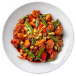 © Alexey - Kung Pao Chicken, Lightly battered chicken with garlic, carrots, snap peas isolated on a transparent background. Chinese food for menu, restaurants, banners, design.