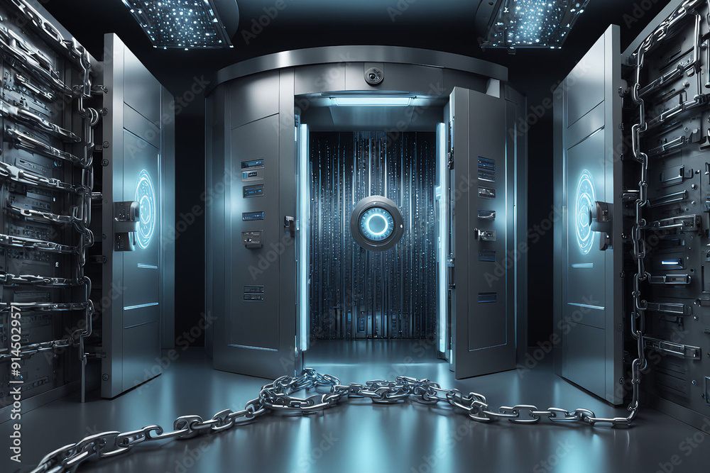 High-tech vault securing sensitive data with glowing codes and barriers ...