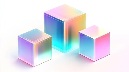 Poster - Geometric 3D cubes with gradient hologram color shades, isolated on a white background, ideal for sleek and contemporary vector illustrations.