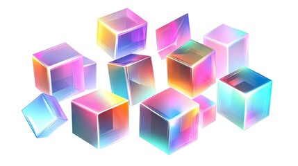 Poster - Geometric 3D cubes with gradient hologram color shades, isolated on a white background, ideal for sleek and contemporary vector illustrations.