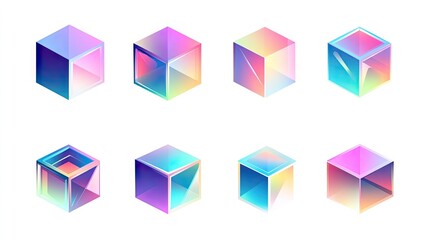 Poster - Geometric 3D cubes with gradient hologram color shades, isolated on a white background, ideal for sleek and contemporary vector illustrations.
