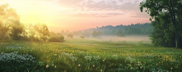 Poster - Serene meadow at dawn, 4K hyperrealistic photo