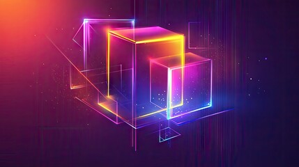 Poster - Geometric shapes like a cube, rectangular cuboid, and pyramid prism in neon holographic hues, presented in an abstract vector illustration for tech and science.
