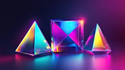 Poster - Geometric shapes like a cube, rectangular cuboid, and pyramid prism in neon holographic hues, presented in an abstract vector illustration for tech and science.