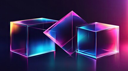 Poster - Geometric shapes like a cube, rectangular cuboid, and pyramid prism in neon holographic hues, presented in an abstract vector illustration for tech and science.