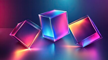 Poster - Geometric shapes like a cube, rectangular cuboid, and pyramid prism in neon holographic hues, presented in an abstract vector illustration for tech and science.