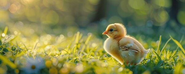 Adorable baby chick in a grassy field, 4K hyperrealistic photo