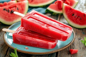 Wall Mural - Ice cream popsicles with watermelon in plate on wooden background