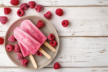 Ice cream popsicles with red raspberries on wooden background