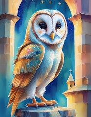 Canvas Print - Barn owl in a tower in watercolor 