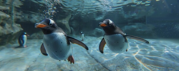 Playful penguins swimming underwater, 4K hyperrealistic photo