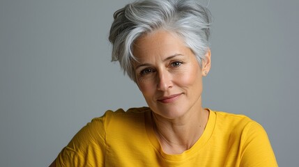 Close up of mature woman with white skin, grey short hair, wavy hair and a clear yellow t shirt, isolated in a light grey studio. Portrait person.