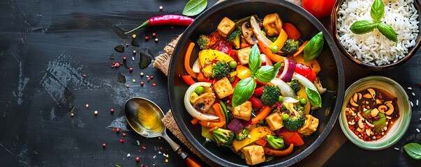 Wall Mural - Colorful vegetable stir-fry with tofu and jasmine rice, 4K hyperrealistic photo