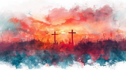 three crosses on hill good friday concept easter watercolor background faith religion christianity j