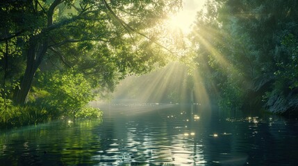 Wall Mural - Sunrays Through Trees Over River