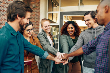 Aufkleber - Smile, group and students with hands stack for support at university, agreement and synergy of studying goal. Diversity, happy and people with team building, trust and learning for knowledge growth