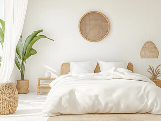 Wall Mural - Modern Minimalist Bedroom with White Bedding and Natural Decor