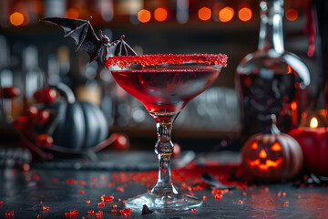 Wall Mural - Red Halloween martini with bat decoration and sugared rim surrounded by spooky decorations