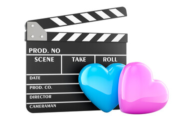 Poster - Clapperboard with pink and blue hearts, 3D rendering isolated on transparent background