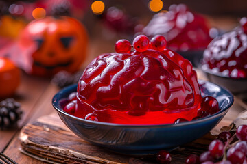 Wall Mural - Red brain-shaped Halloween gelatin dessert with berries on a plate