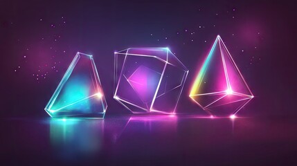 Poster - Neon holographic geometric shapes including a cube, rectangular cuboid, and pyramid prism, depicted in an abstract vector design for science and tech covers. -