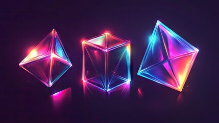 Poster - Neon holographic geometric shapes including a cube, rectangular cuboid, and pyramid prism, depicted in an abstract vector design for science and tech covers. -