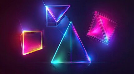 Poster - Neon holographic geometric shapes including a cube, rectangular cuboid, and pyramid prism, depicted in an abstract vector design for science and tech covers. -