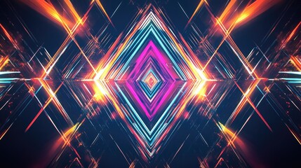 Poster - Neon lines and geometric shapes create a striking dark abstract background with multi-color rays and symmetrical 3D reflections.