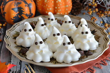 Wall Mural - Ghost-shaped meringue cookies on a decorative plate with Halloween pumpkins