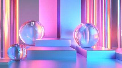 Poster - Shiny 3D shapes in a luminous arrangement on a neon gradient stage, creating an elegant and futuristic 3D render design.