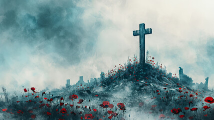 Wall Mural - Stone cross grave poppy flowers remembrance world war battlefield death cemetery memorial fallen soldiers veterans day mourning