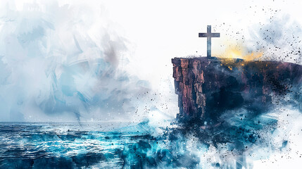 Wall Mural - Christian cross on a rock cliff by the sea faith hope love God Jesus Christ believe religion christianity spiritual